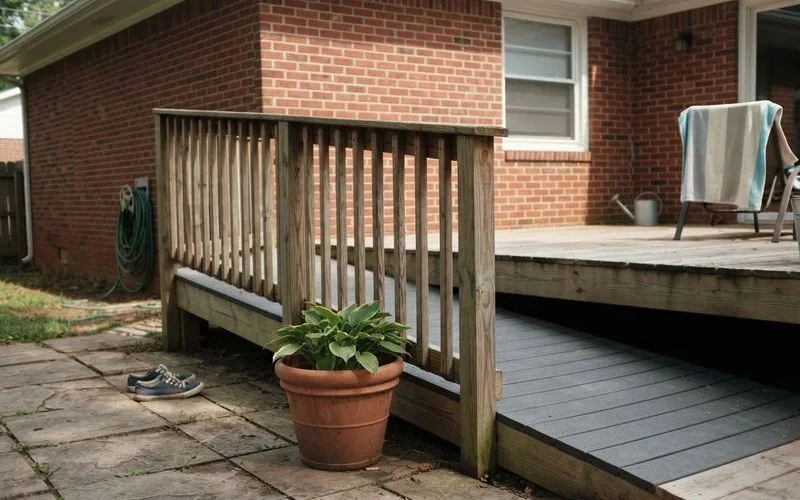 A deck ramp with handrails on both sides leading to a wide, flush entry point at the house