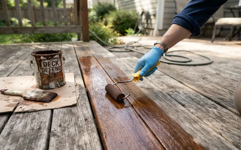 A worker applying stain to a wood deck with a roller, with the freshly finished boards showing a clear contrast against the unfinished section nearby