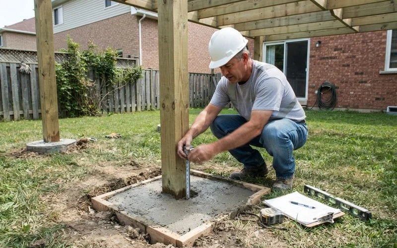 A building inspector reviewing deck framing and footings on a job site before decking boards are installed