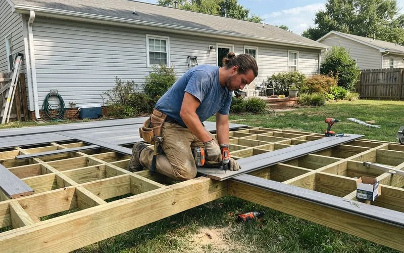 A newly built composite deck under construction in a Charlotte backyard, showing exposed framing, joists, and partially installed decking boards