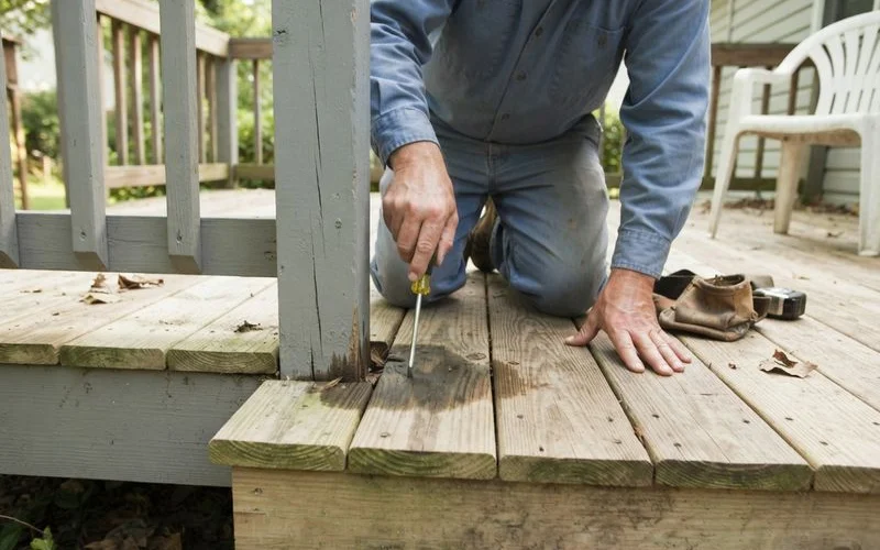 A close-up of a deck board showing visible rot, dark discoloration, and soft, splintering wood near a support post