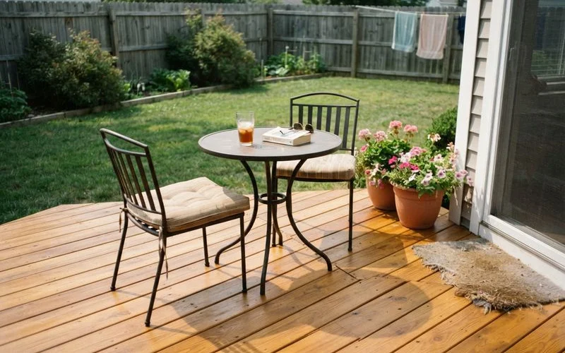 A freshly cleaned and restained deck staged with outdoor furniture, ready for a home showing