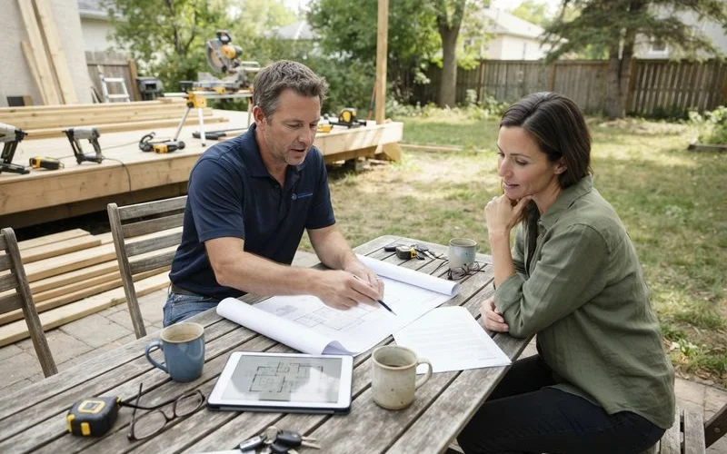 A homeowner and a deck builder reviewing a written contract and design sketch together at an outdoor table