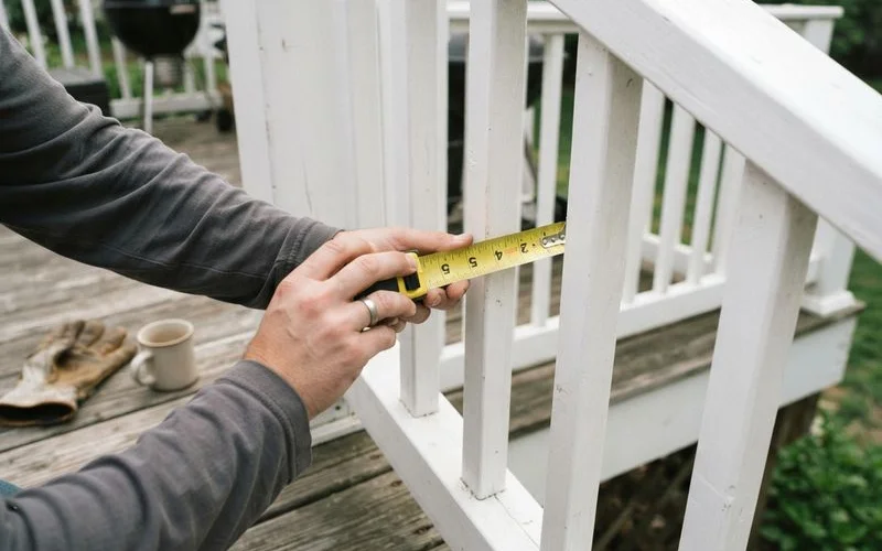 A close-up of a deck guardrail and baluster spacing being measured with a tape measure during a code inspection