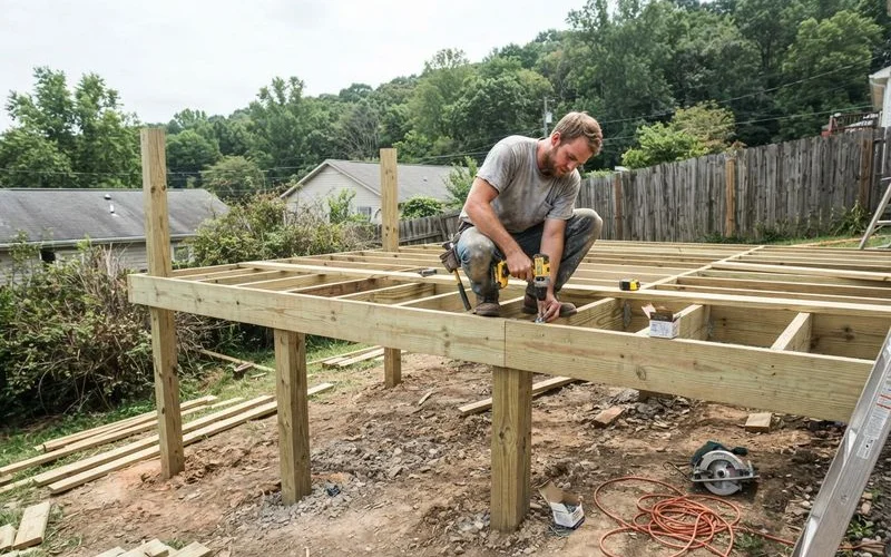 A partially built multi-level deck on a sloped lot, showing tall support posts, mid-level framing, and stairs connecting two deck levels