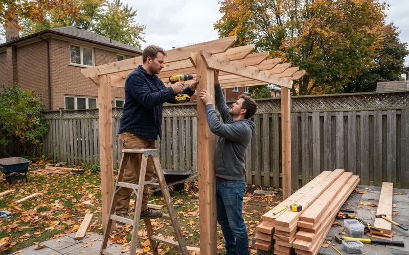 An outdoor living space with a wooden pergola and seating area under construction, with framing visible against a fall backdrop