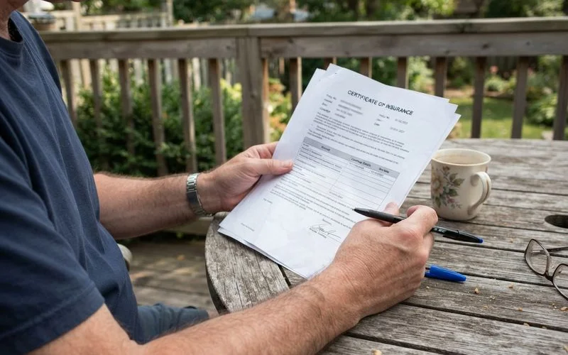 A homeowner reviewing an insurance policy document at a kitchen table with a deck visible through the window behind them