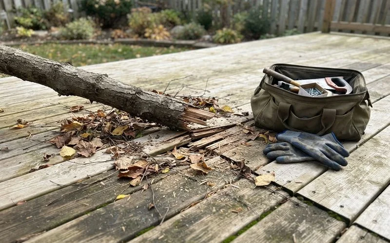 A deck with visible storm damage, a fallen tree branch resting across cracked boards and a bent railing section