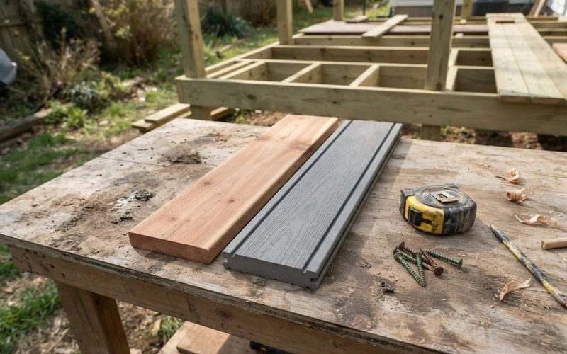 Two deck sample boards side by side, pressure-treated wood on the left and composite decking on the right, showing the difference in grain and finish